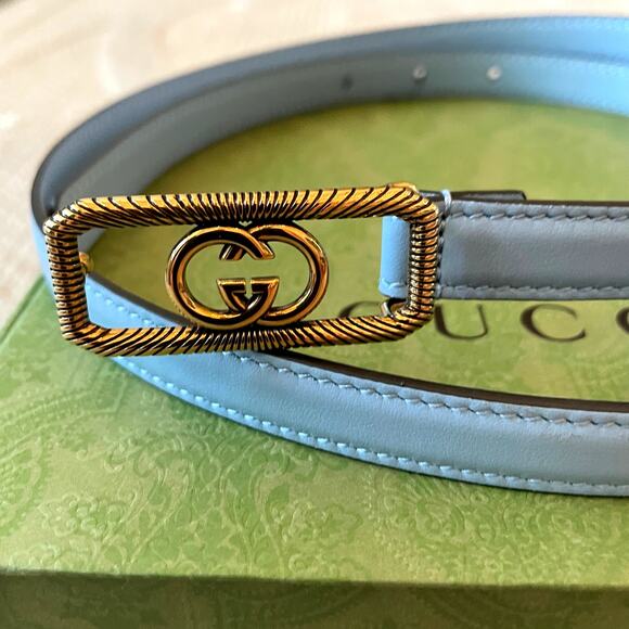 GUCCI Women\'s Thin Belt w/ Interlocking G Buckle Light Blue Leather SZ 90cm NEW main image 9